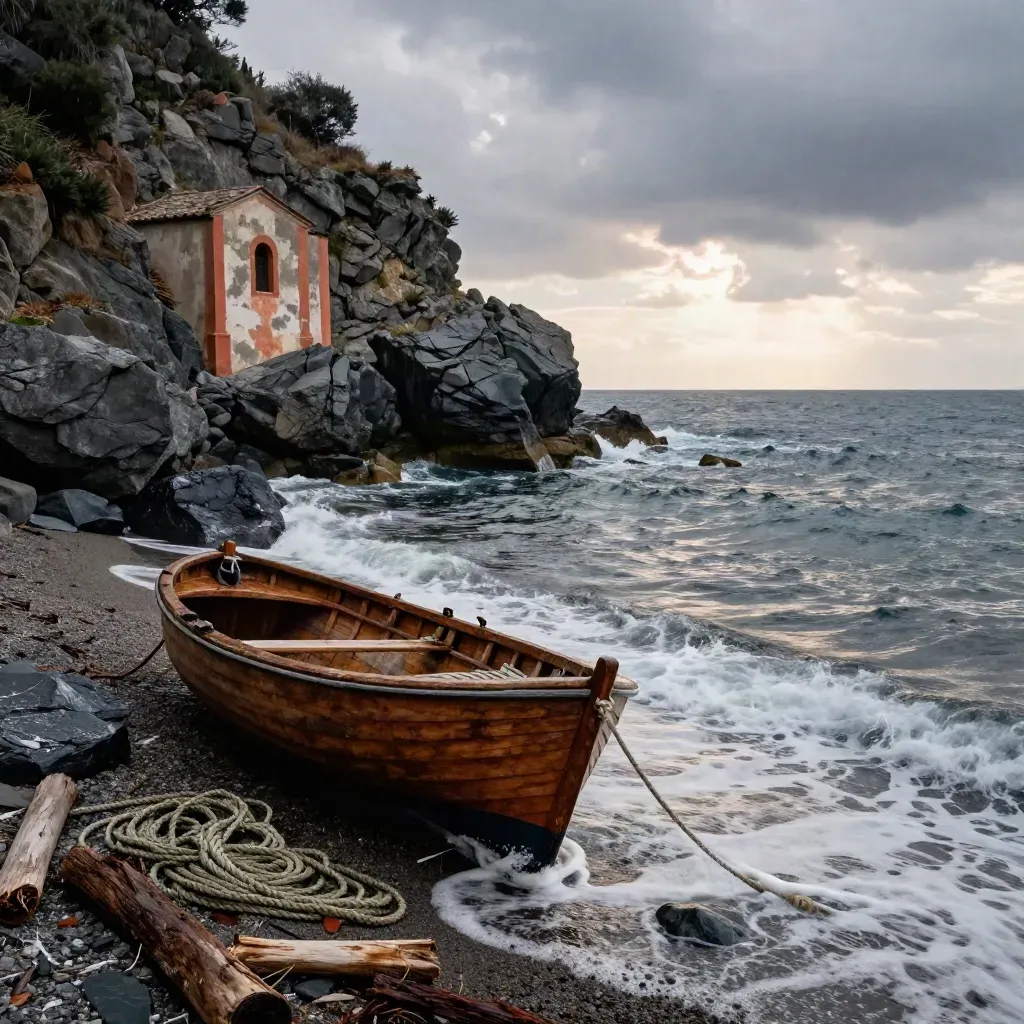 Cala ligure all’alba dopo la pioggia, gozzo, corde e cappella sul mare.