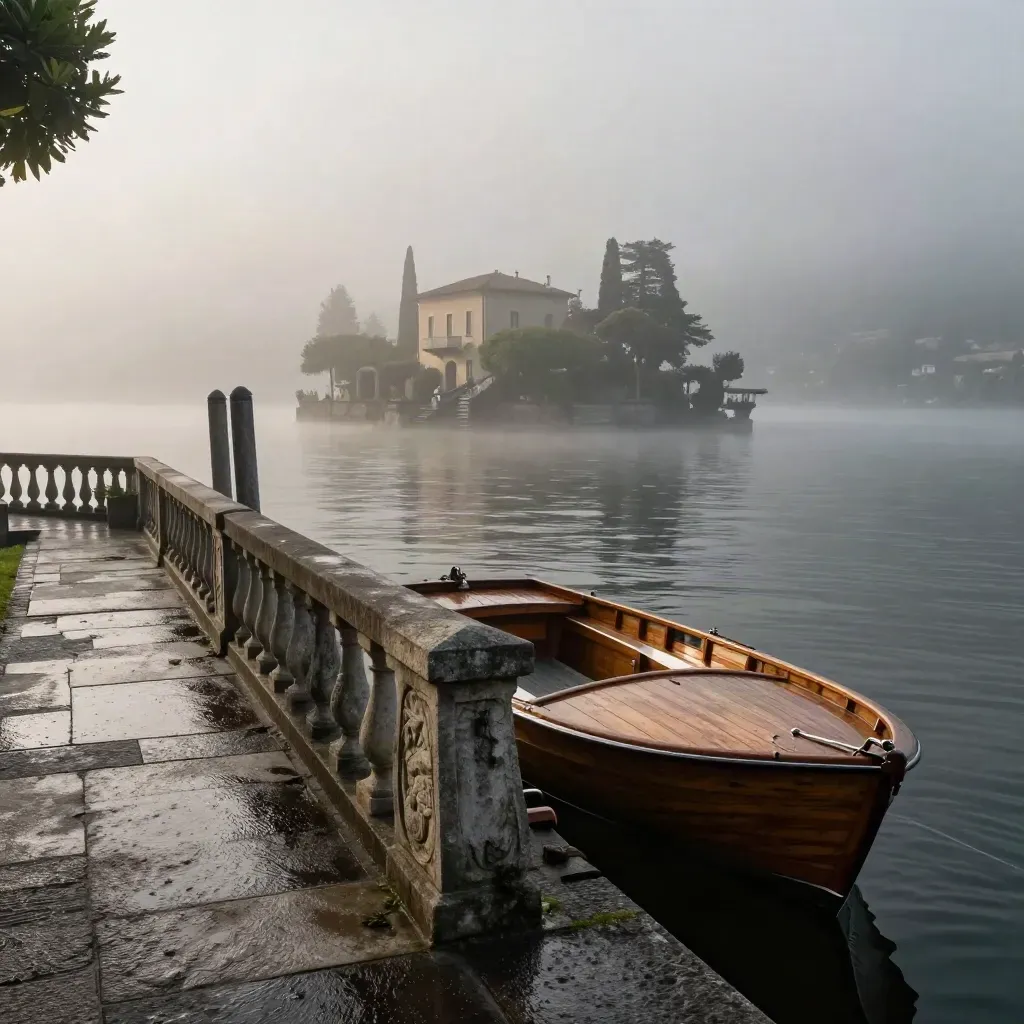 Riva del Lago di Como tra balaustra, barca ormeggiata e nebbia all’alba