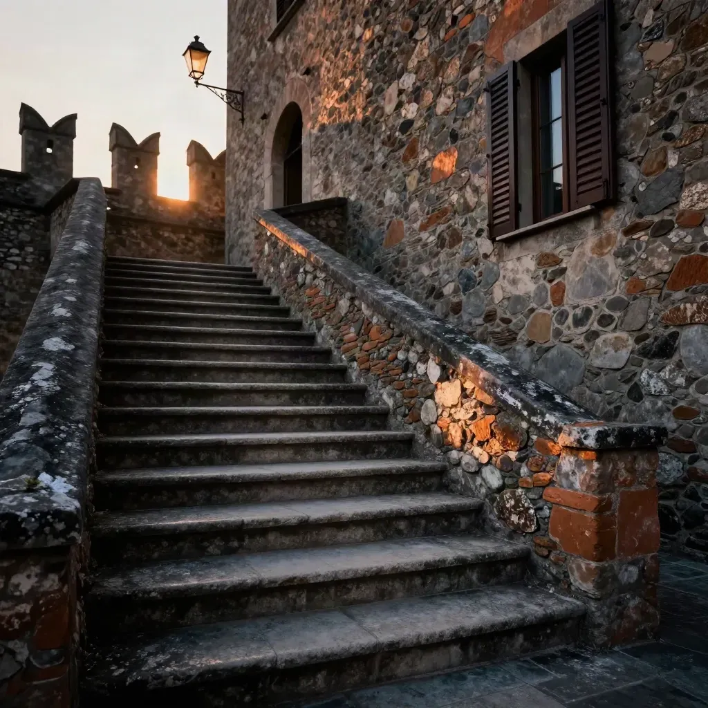 Scalinata di un castello toscano al tramonto, lanterna e finestra illuminata.